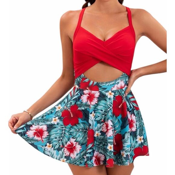 B2prity Women's Medium Red Blue Cutout One Piece Skirt V-Neck Wrap Back Swimsuit - Picture 1 of 6
